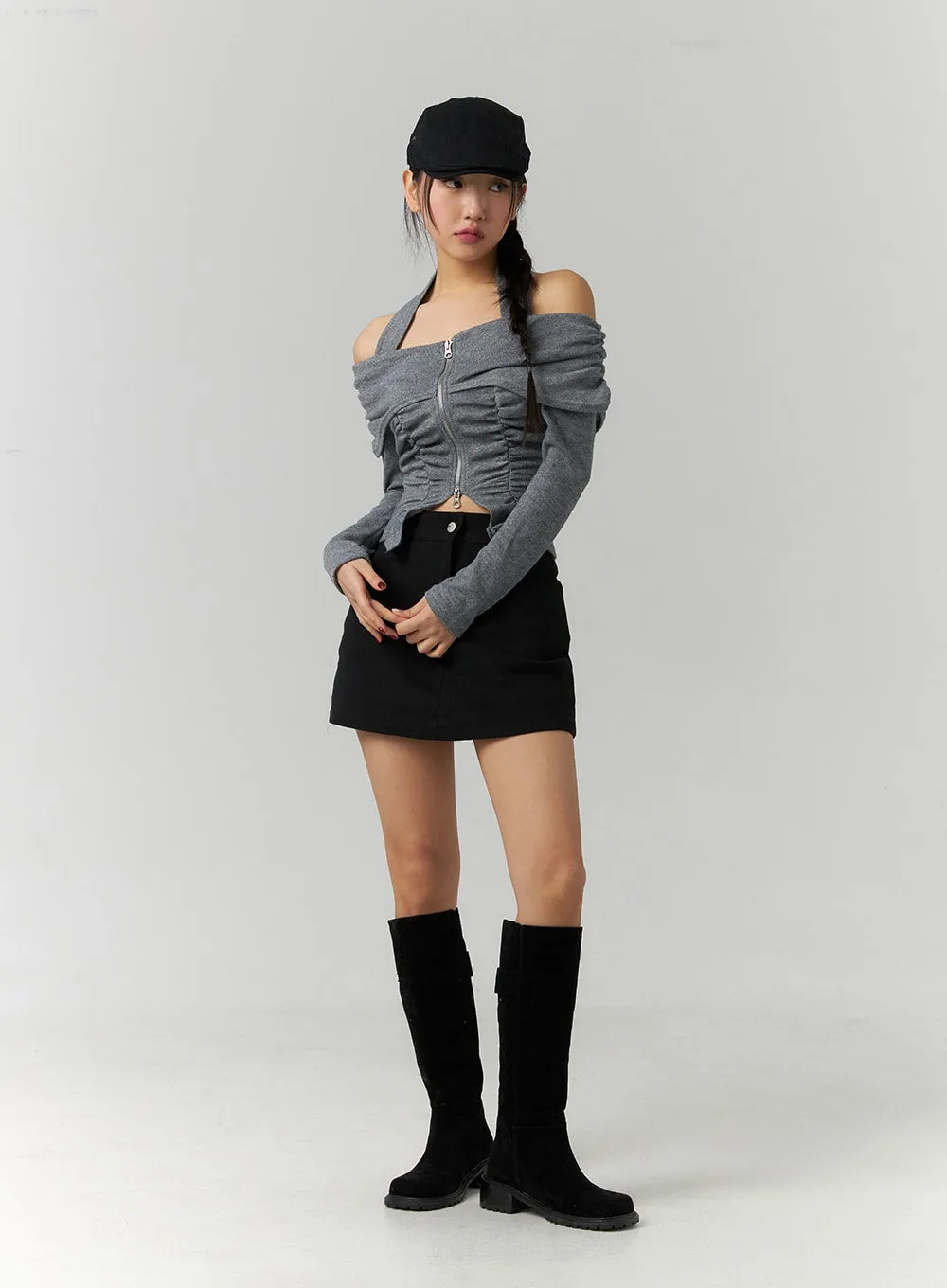 Shirred Off-Shoulder Zip-Up Crop Top CD307