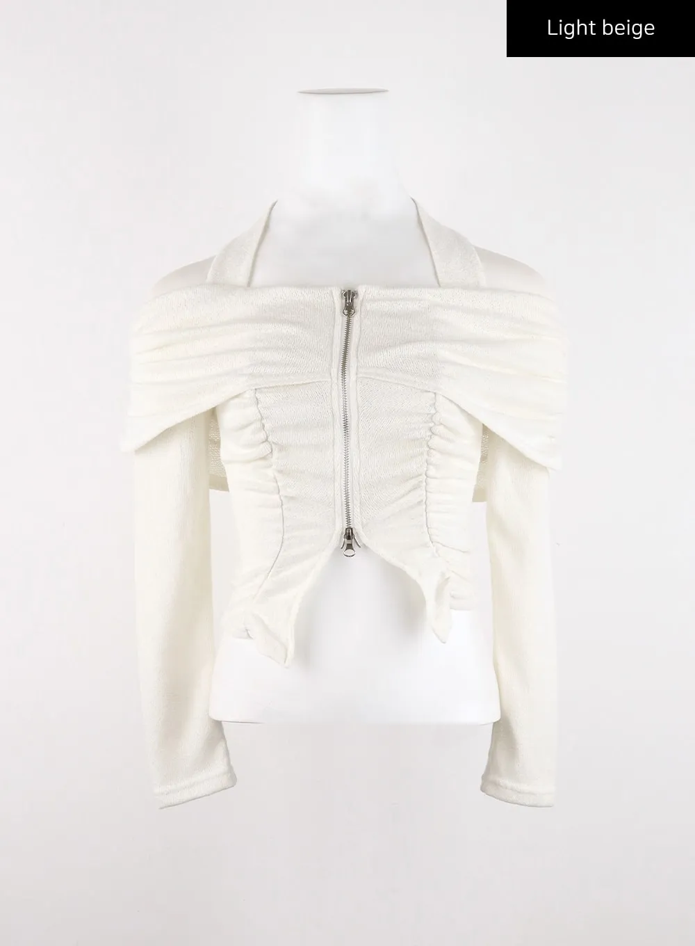 Shirred Off-Shoulder Zip-Up Crop Top CD307