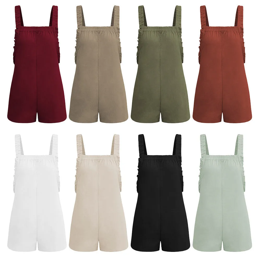 Solid Color Women's Casual Suspender Lace Jumpsuit Backless Sexy Home Wear Breathable Shorts