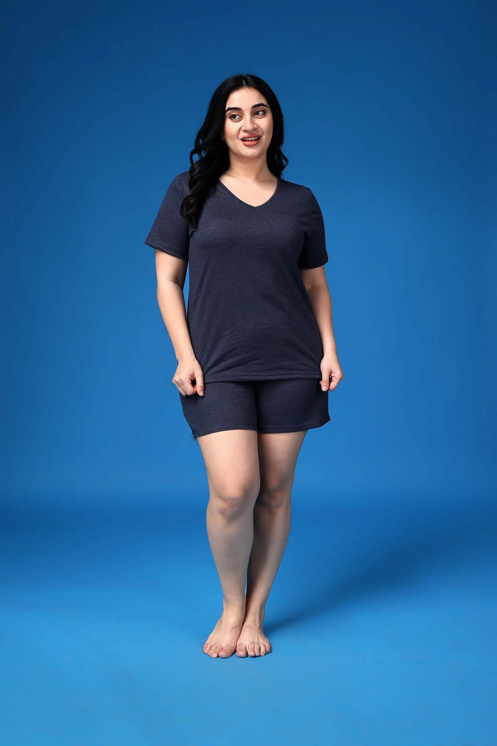 Solid Night Suit Set-Blue