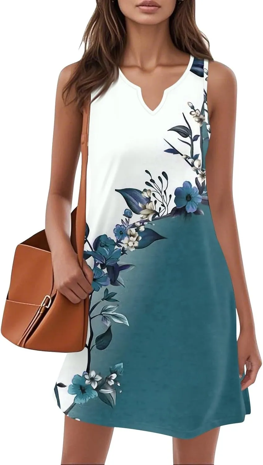 Summer Dresses for Women V-Neck Sundresses Sleeveless Loose Sleep Dress Beach Tank Dress Floral Casual T Shirt Dresses