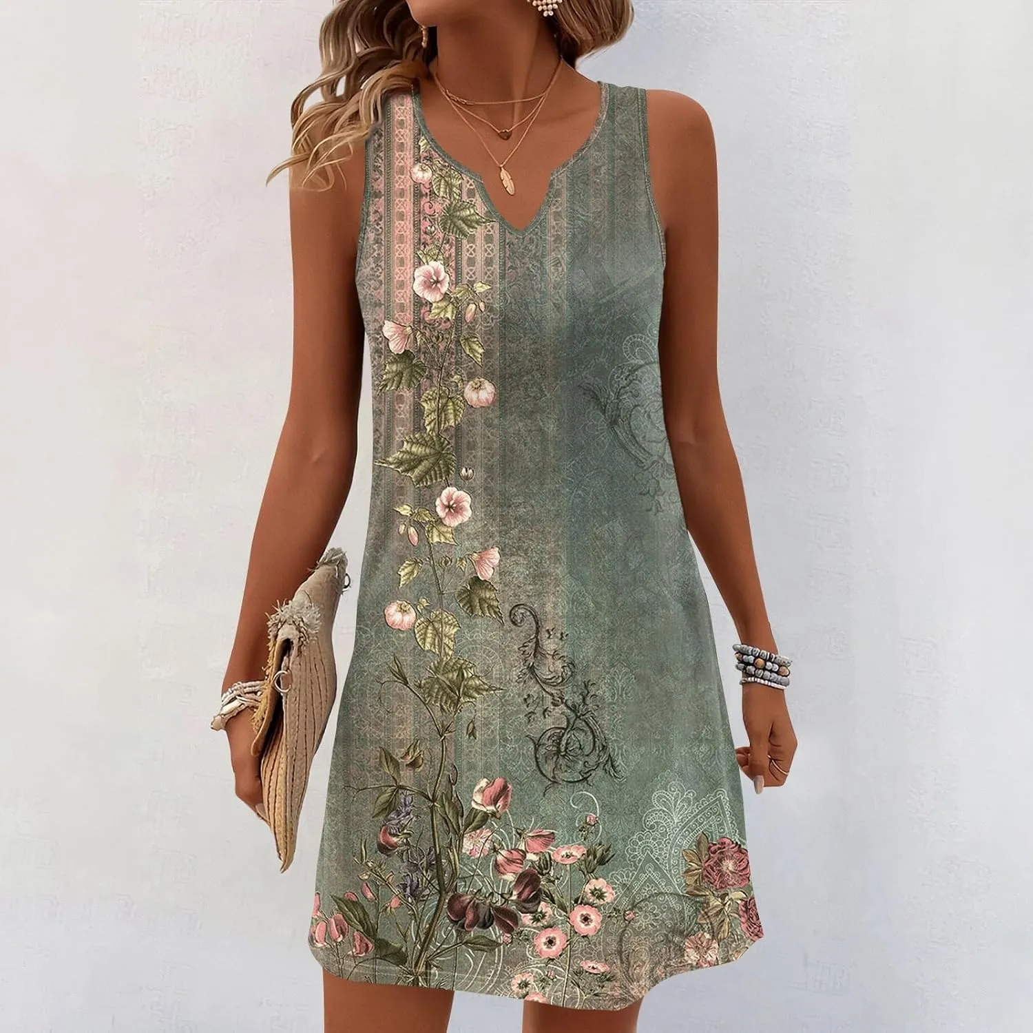 Summer Dresses for Women V-Neck Sundresses Sleeveless Loose Sleep Dress Beach Tank Dress Floral Casual T Shirt Dresses