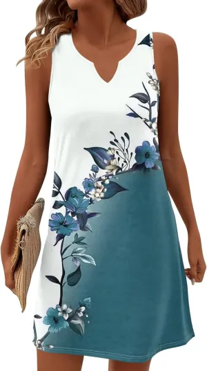 Summer Dresses for Women V-Neck Sundresses Sleeveless Loose Sleep Dress Beach Tank Dress Floral Casual T Shirt Dresses