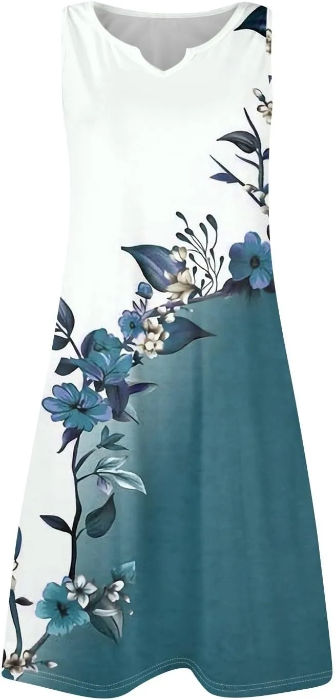 Summer Dresses for Women V-Neck Sundresses Sleeveless Loose Sleep Dress Beach Tank Dress Floral Casual T Shirt Dresses