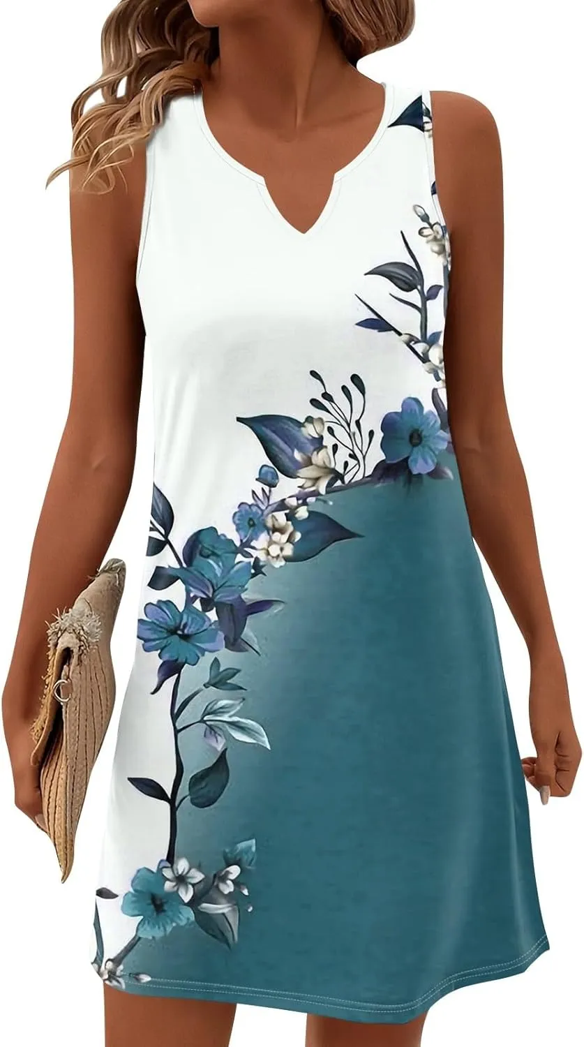 Summer Dresses for Women V-Neck Sundresses Sleeveless Loose Sleep Dress Beach Tank Dress Floral Casual T Shirt Dresses