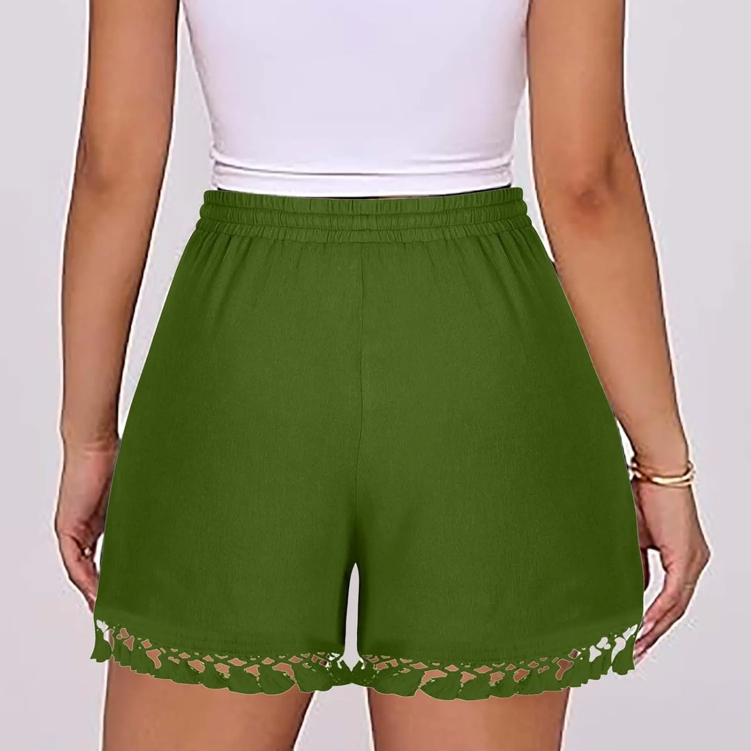 Summer Shorts for Women 2025 Trendy Casual Lace Hem Beach Shorts Plus Size Elastic High Waist Summer Wide Leg Short