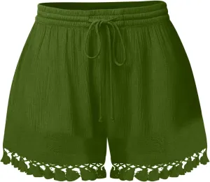 Summer Shorts for Women 2025 Trendy Casual Lace Hem Beach Shorts Plus Size Elastic High Waist Summer Wide Leg Short