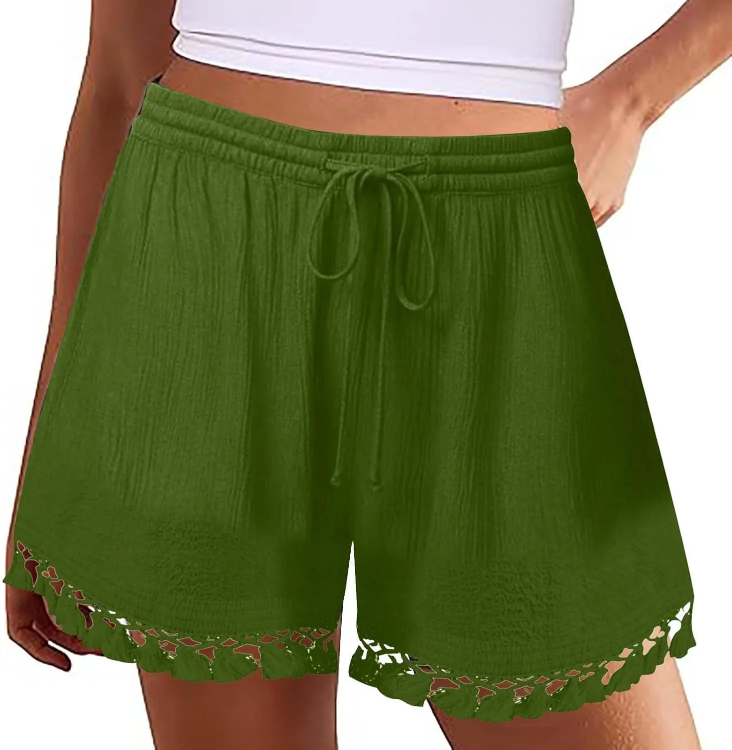 Summer Shorts for Women 2025 Trendy Casual Lace Hem Beach Shorts Plus Size Elastic High Waist Summer Wide Leg Short