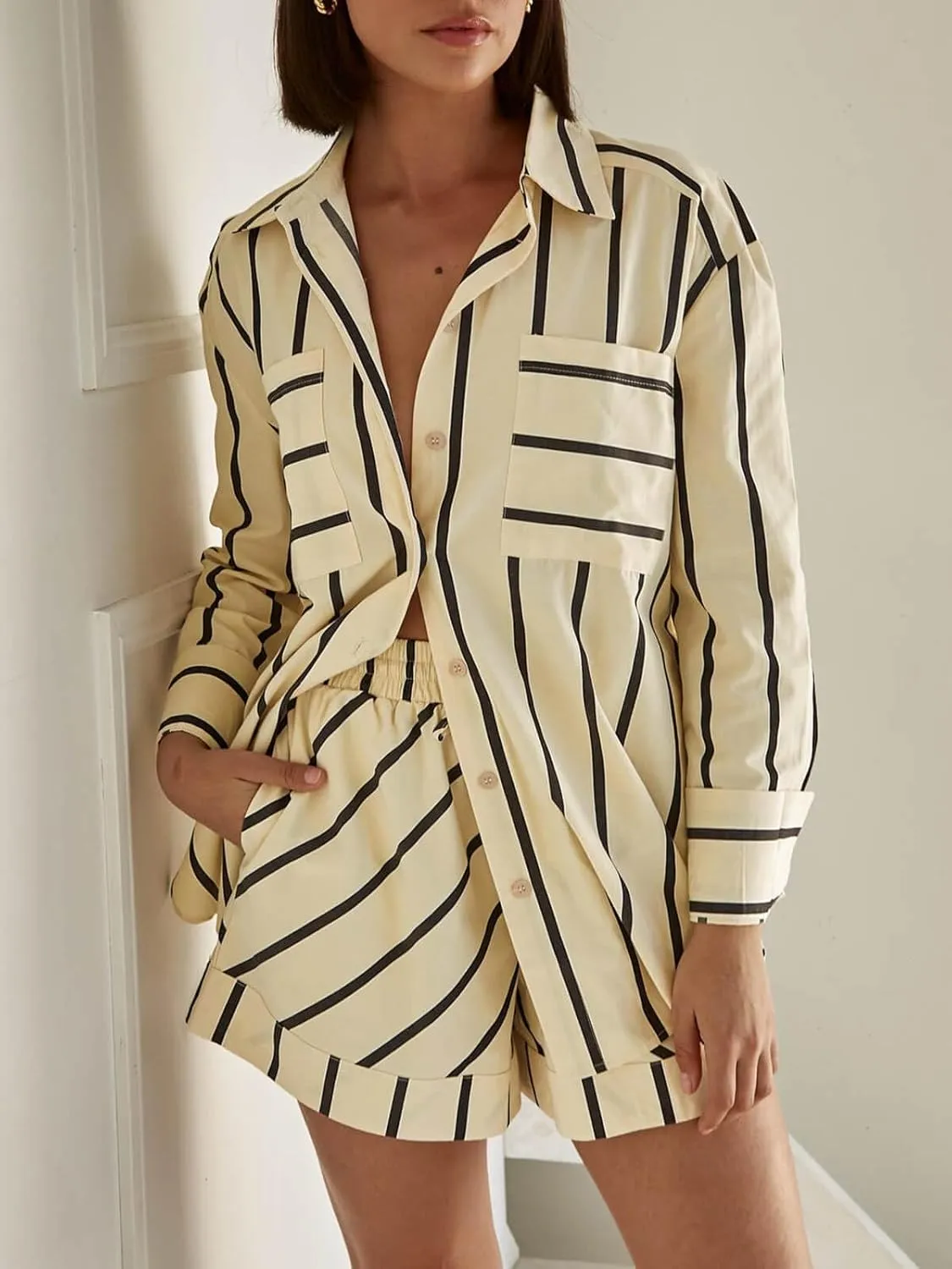 Tankaneo Womens Striped 2 Piece Outfits Button Down Shirts and Shorts Lounge Matching Sets