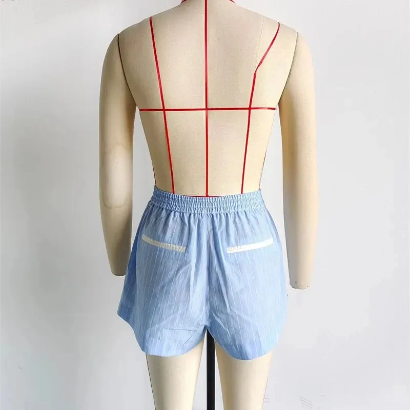 TAVIMART  -  Summer New Women's Blue White Stripes Sleep Shorts Basic Stylish Stretch Elastic High-Waisted Buckle Short Wide-Leg Pants