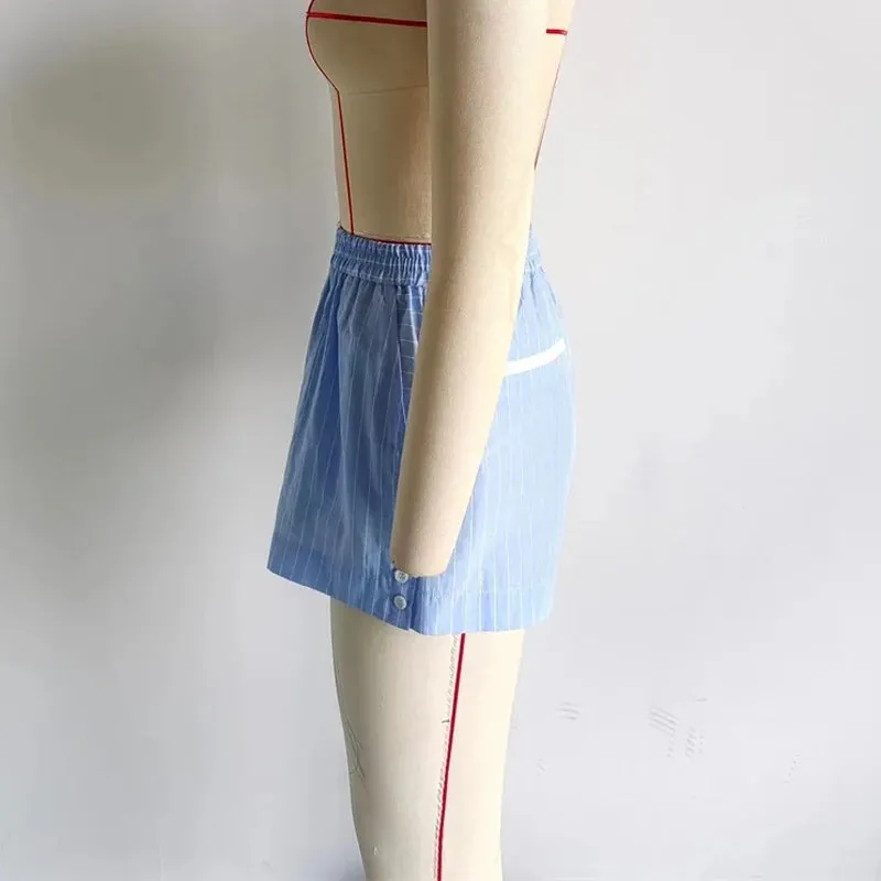 TAVIMART  -  Summer New Women's Blue White Stripes Sleep Shorts Basic Stylish Stretch Elastic High-Waisted Buckle Short Wide-Leg Pants