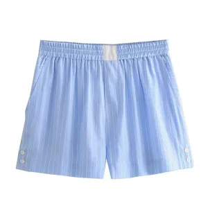 TAVIMART  -  Summer New Women's Blue White Stripes Sleep Shorts Basic Stylish Stretch Elastic High-Waisted Buckle Short Wide-Leg Pants