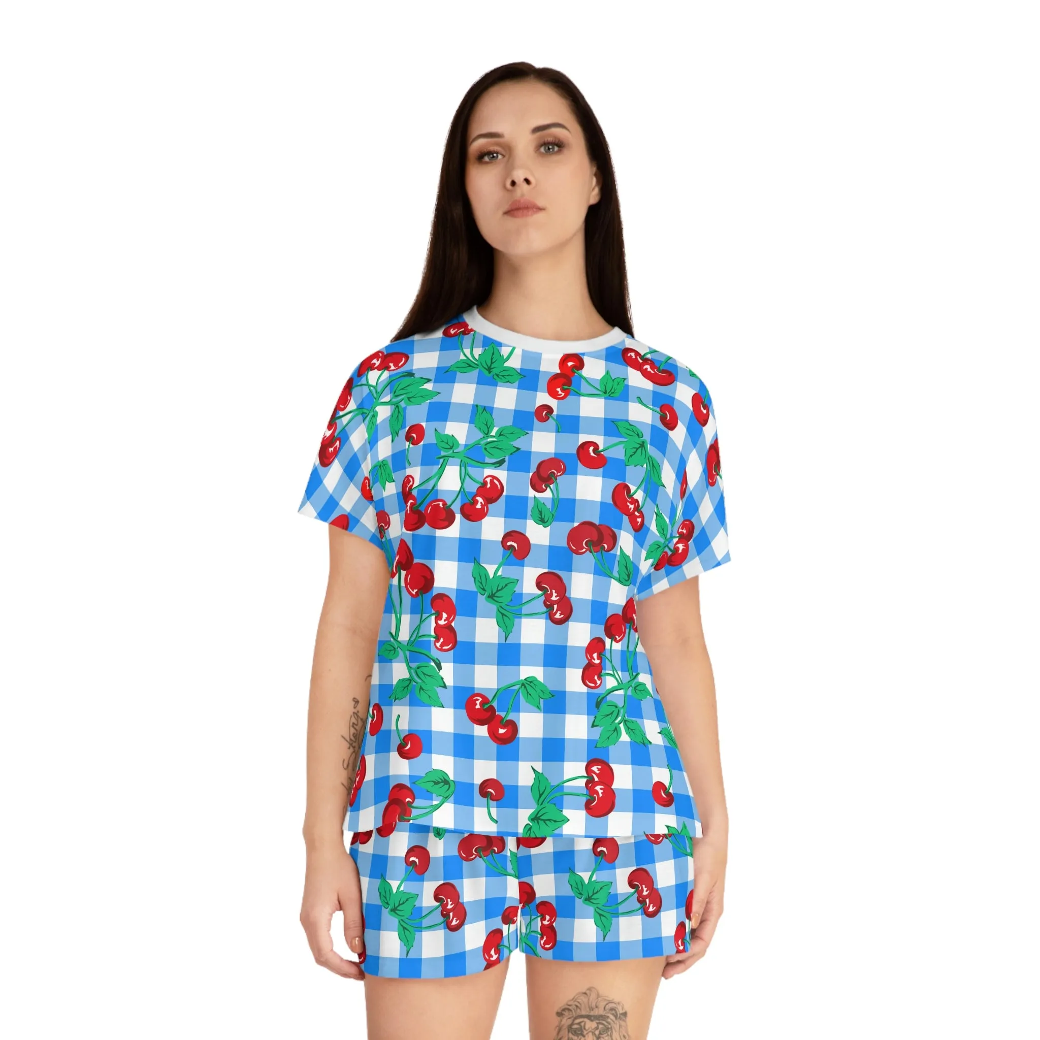 TGIF Sleepover PJs in Blue & White Gingham Cherry Girl Tee & Pajama Shorts-Set | Pinup Couture Relaxed