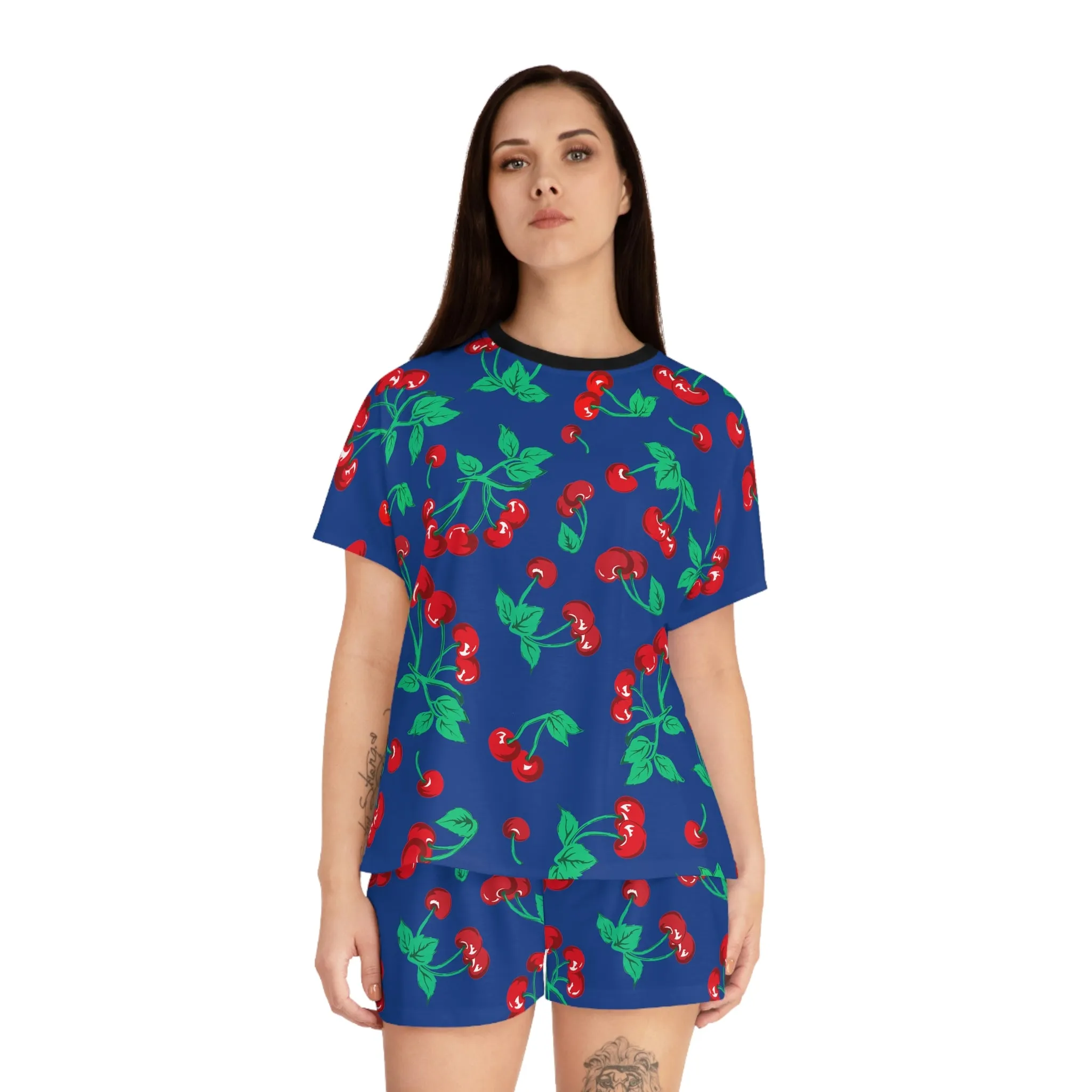 TGIF Sleepover PJs in Dark Blue Cherry Girl Tee & Pajama Shorts-Set | Pinup Couture Relaxed