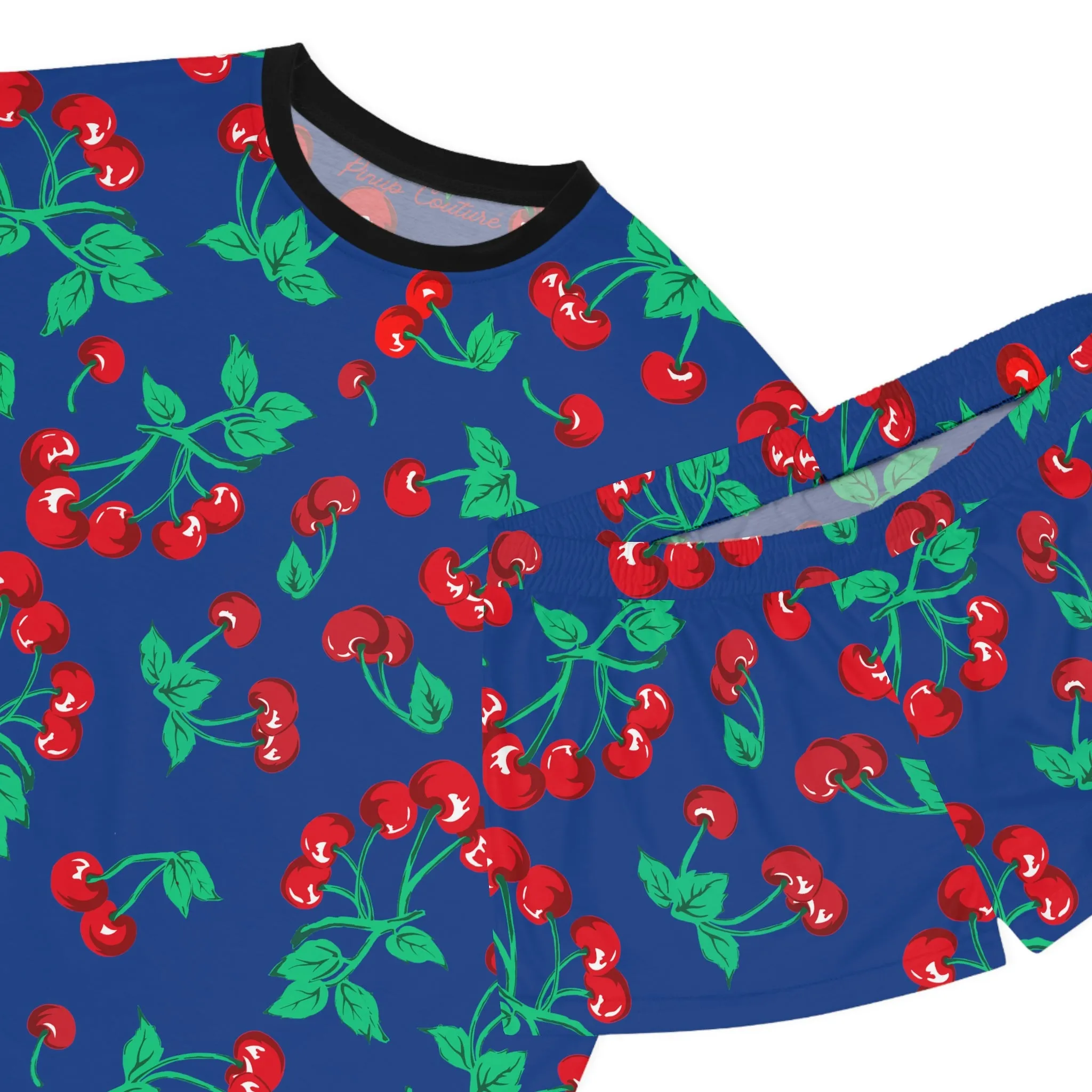 TGIF Sleepover PJs in Dark Blue Cherry Girl Tee & Pajama Shorts-Set | Pinup Couture Relaxed