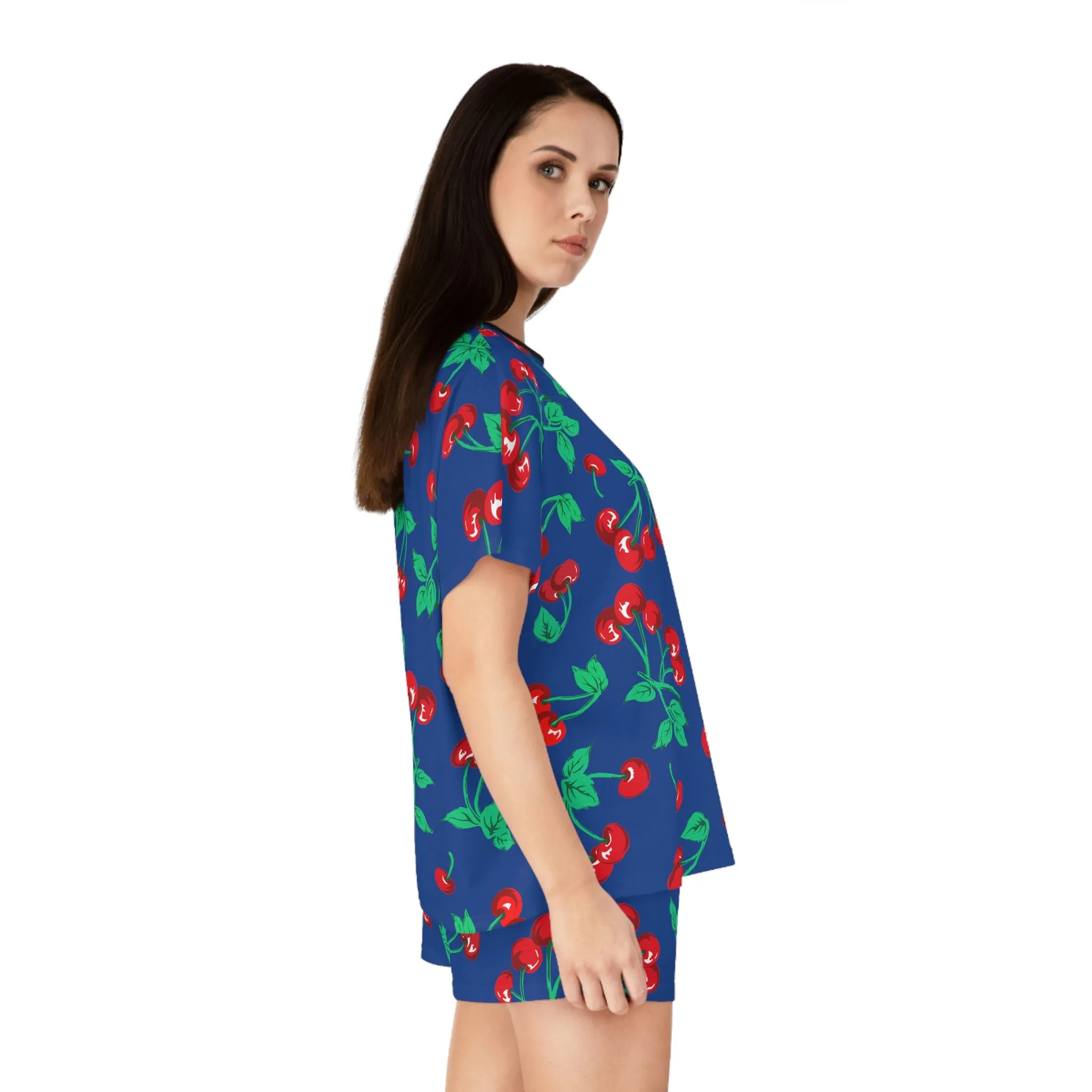 TGIF Sleepover PJs in Dark Blue Cherry Girl Tee & Pajama Shorts-Set | Pinup Couture Relaxed