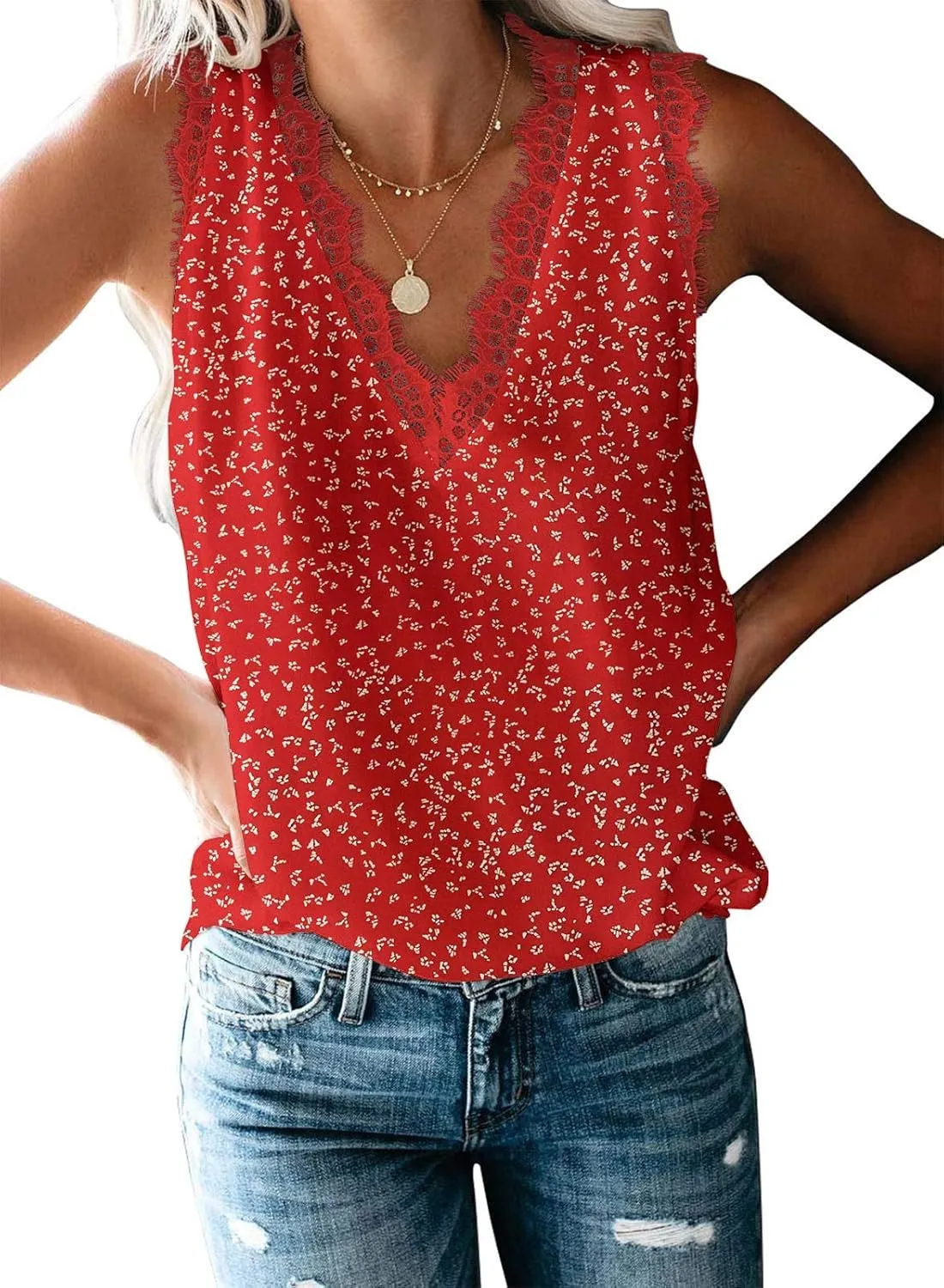 VIISHOW Women Ladies Sexy V Neck Lace Trim Tank Tops Dressy Camisole Casual Loose Sleeveless Chiffon Blouse Shirts