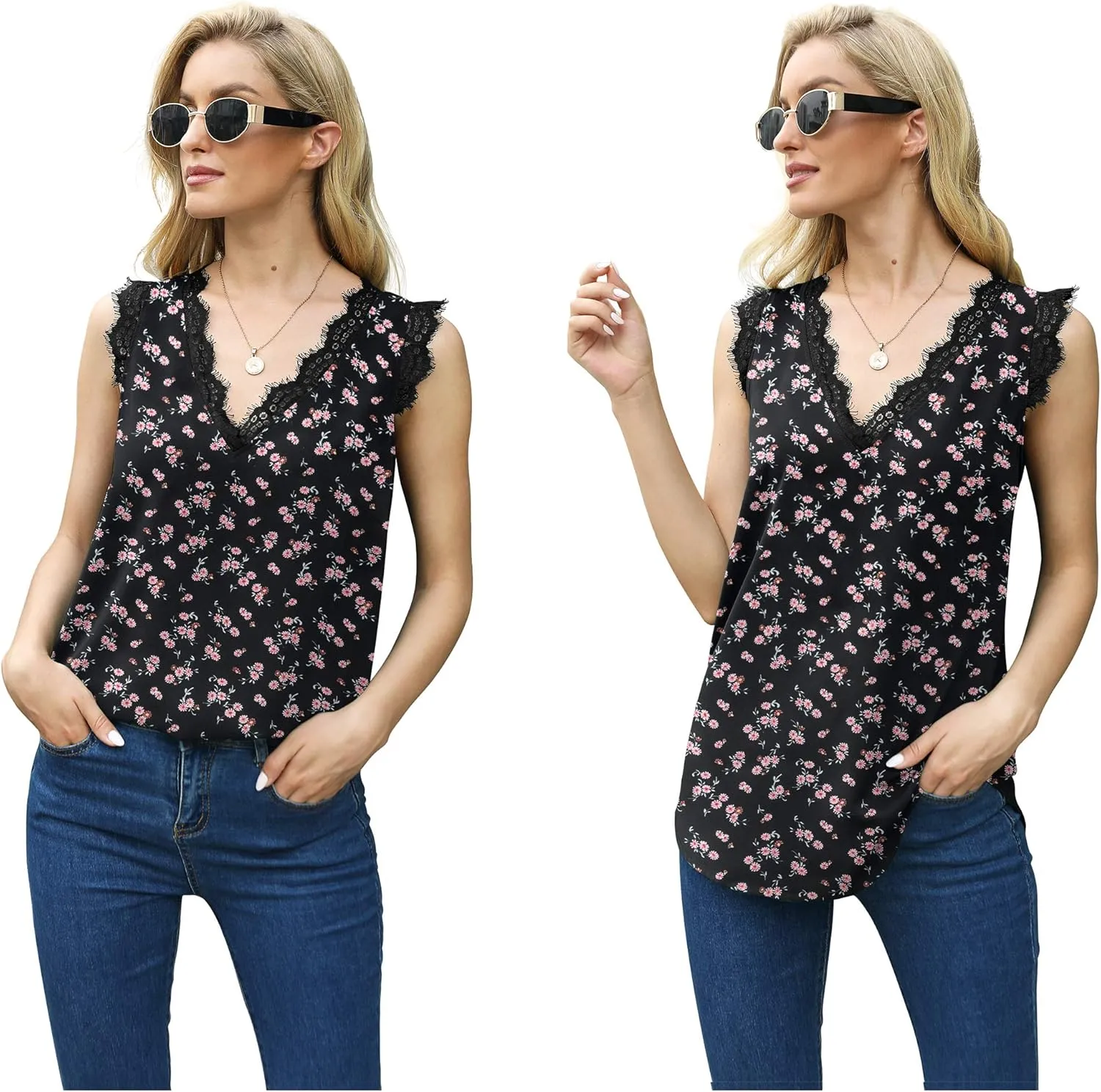 VIISHOW Women Ladies Sexy V Neck Lace Trim Tank Tops Dressy Camisole Casual Loose Sleeveless Chiffon Blouse Shirts