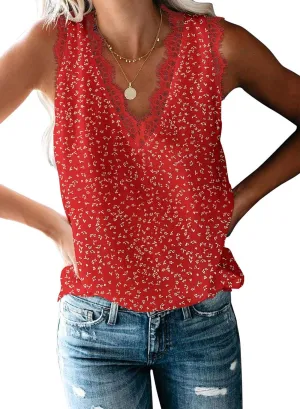 VIISHOW Women Ladies Sexy V Neck Lace Trim Tank Tops Dressy Camisole Casual Loose Sleeveless Chiffon Blouse Shirts
