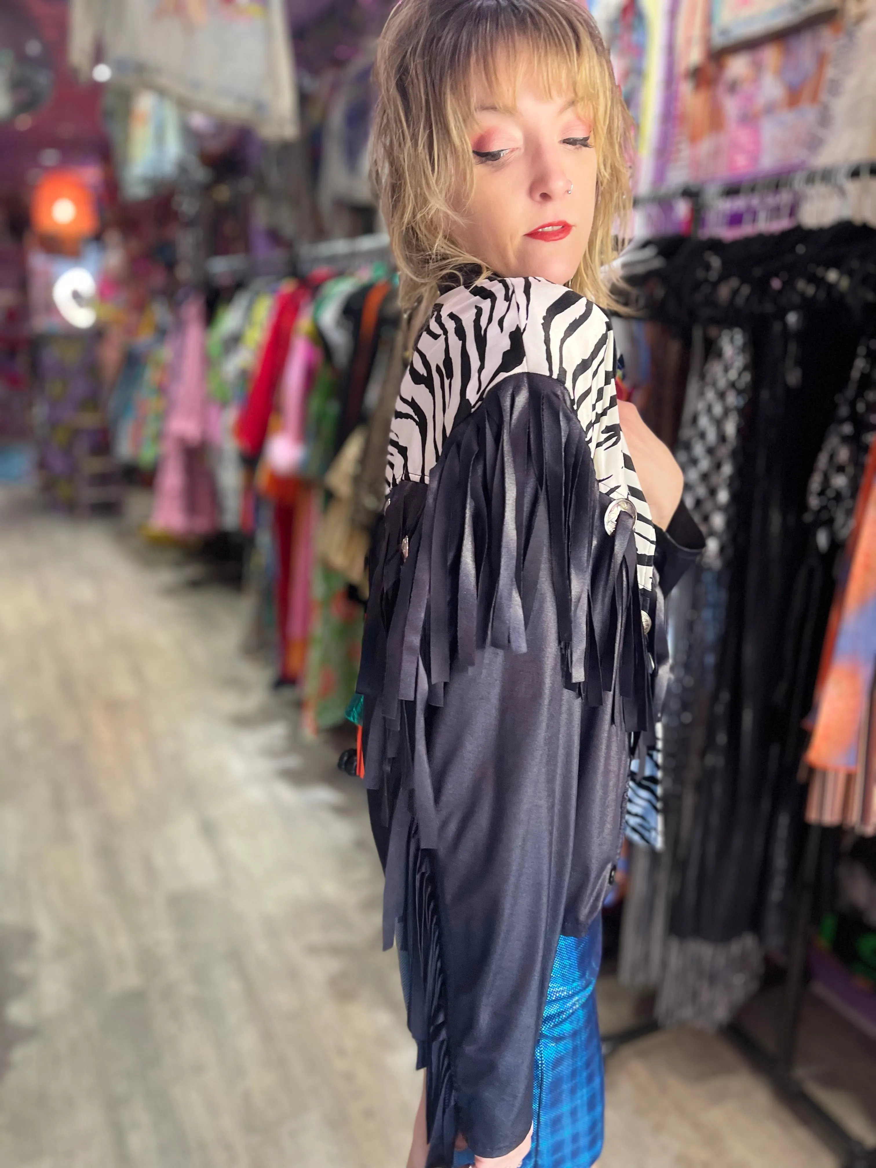 Vintage 80s Zebra Fringe Shiny Jacket