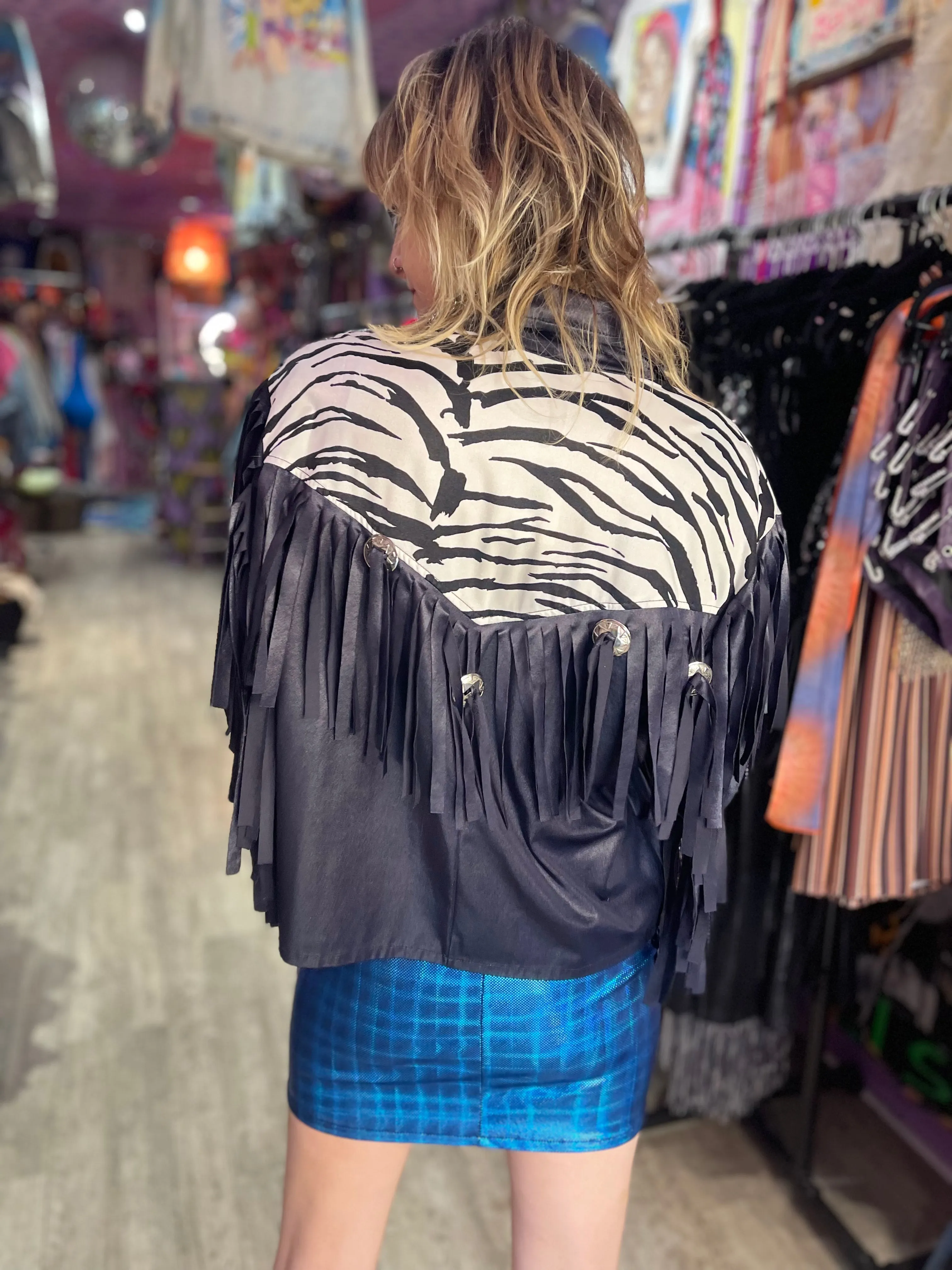 Vintage 80s Zebra Fringe Shiny Jacket