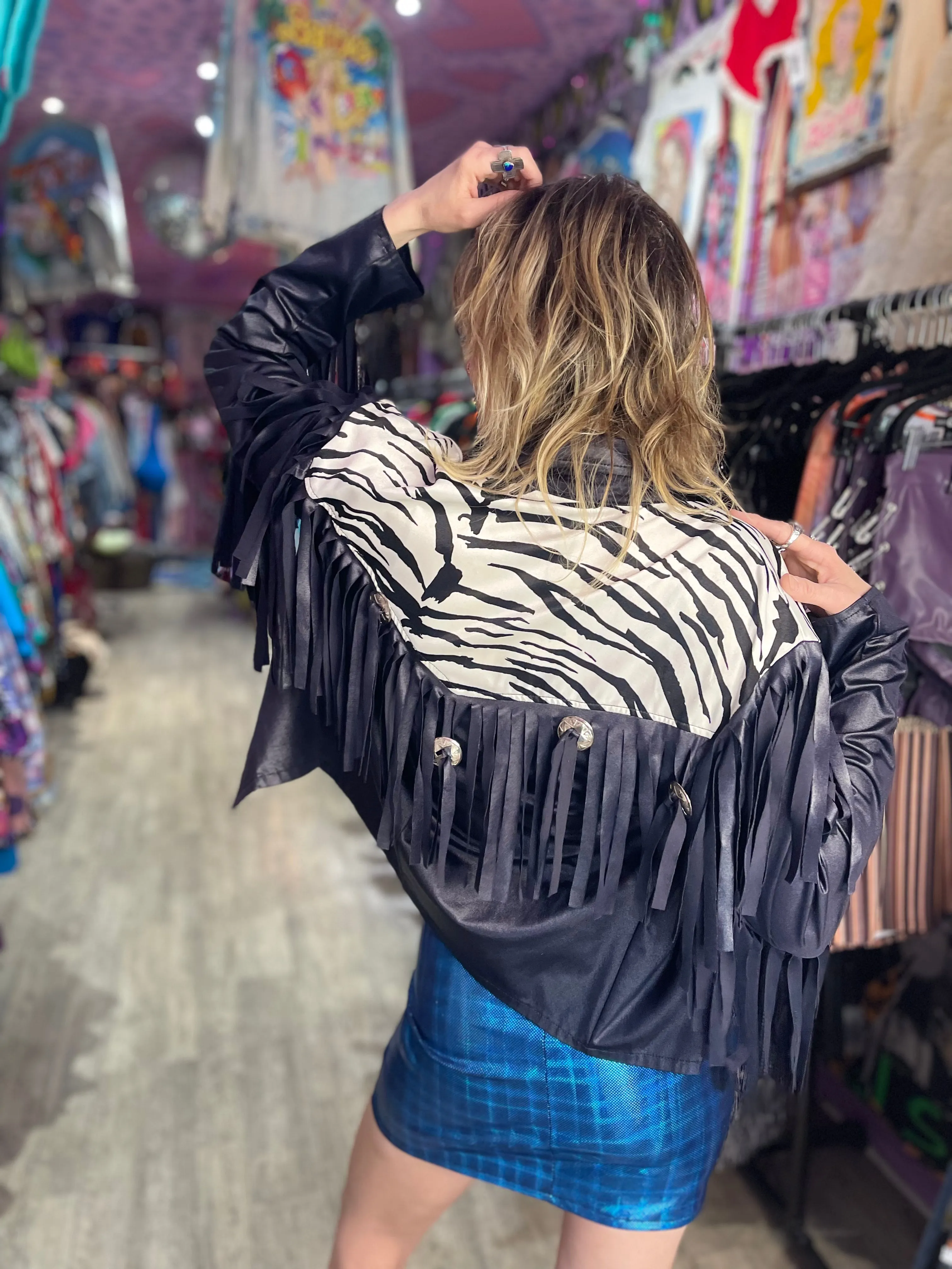 Vintage 80s Zebra Fringe Shiny Jacket
