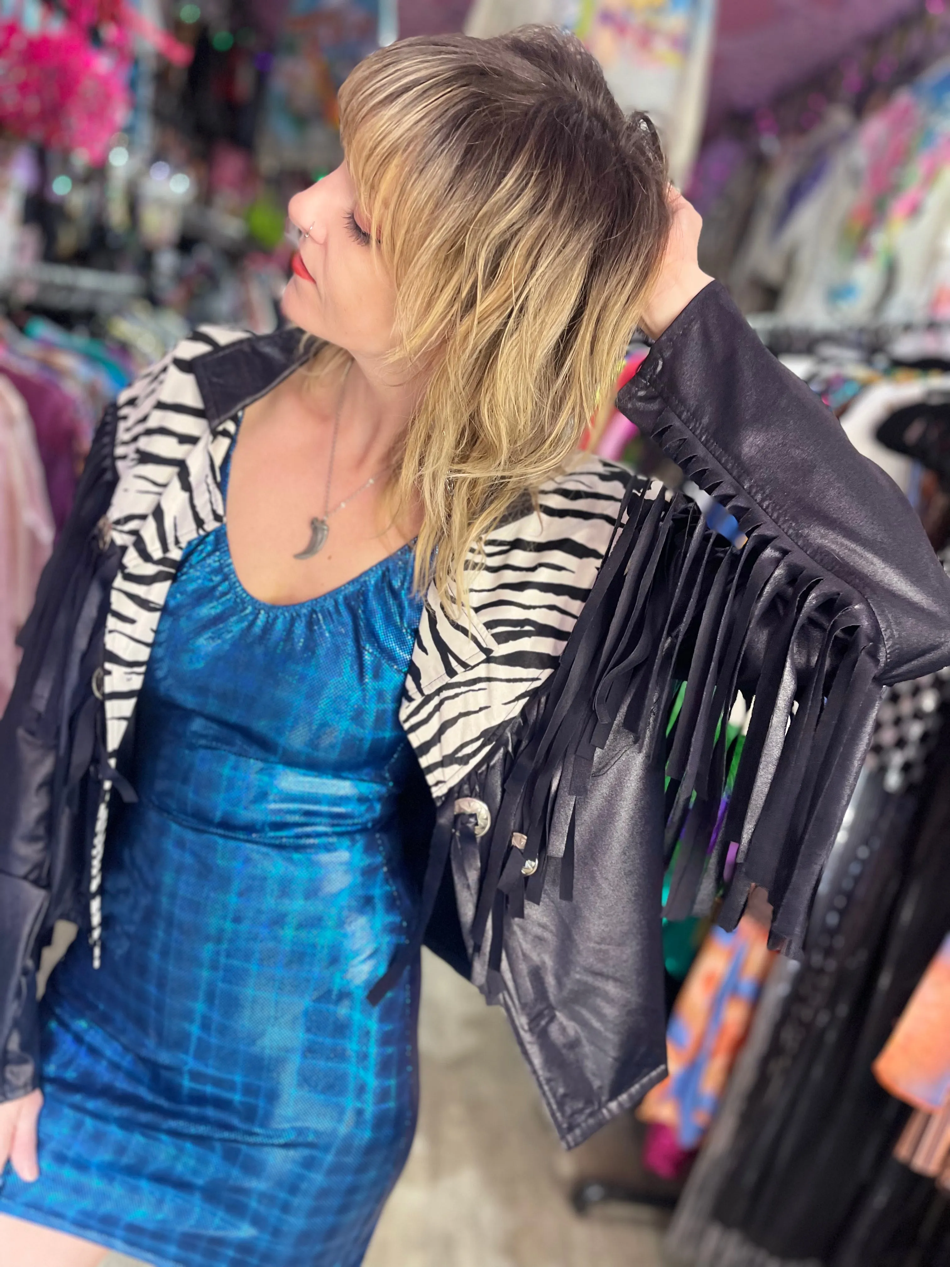 Vintage 80s Zebra Fringe Shiny Jacket
