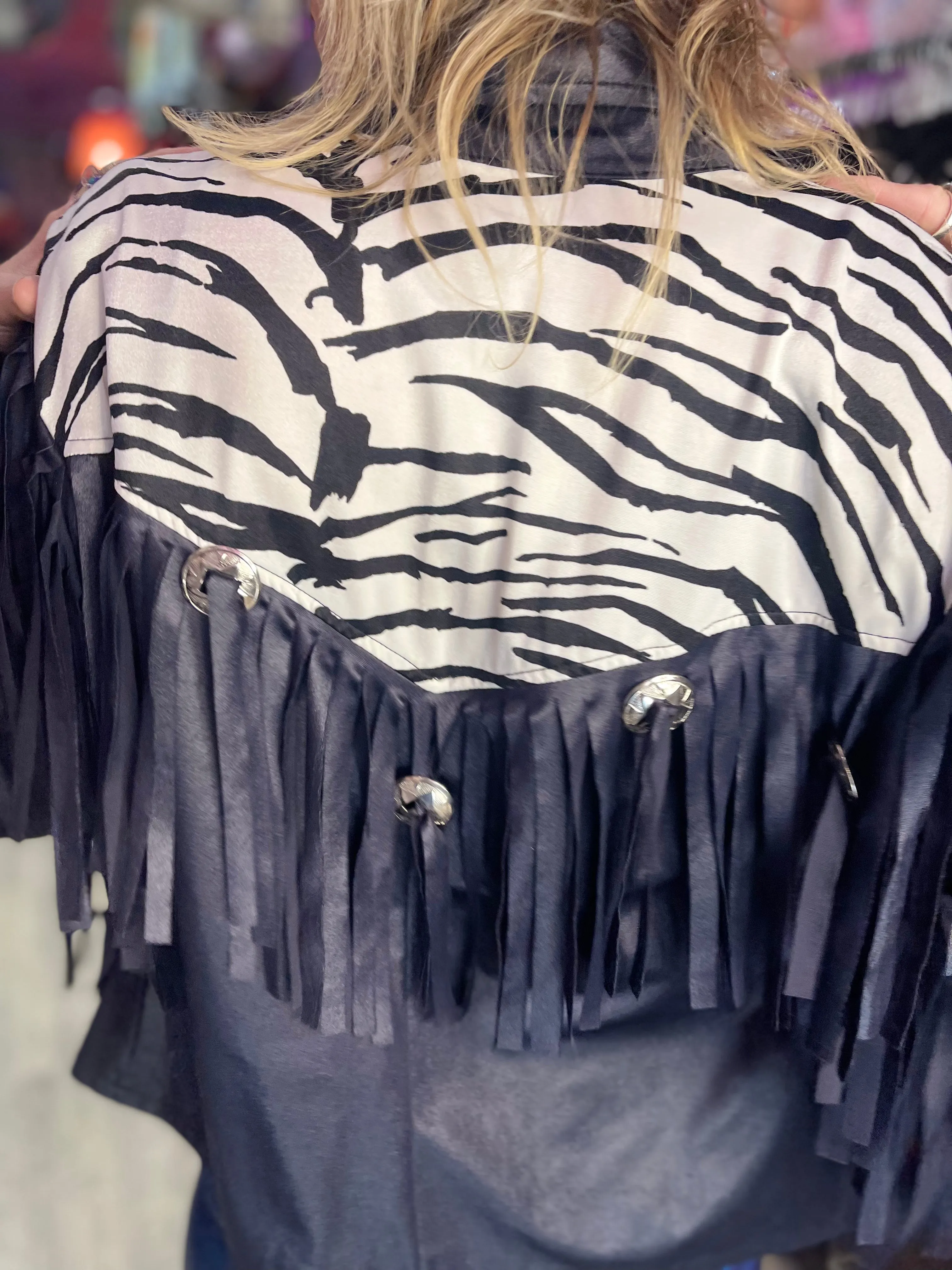 Vintage 80s Zebra Fringe Shiny Jacket