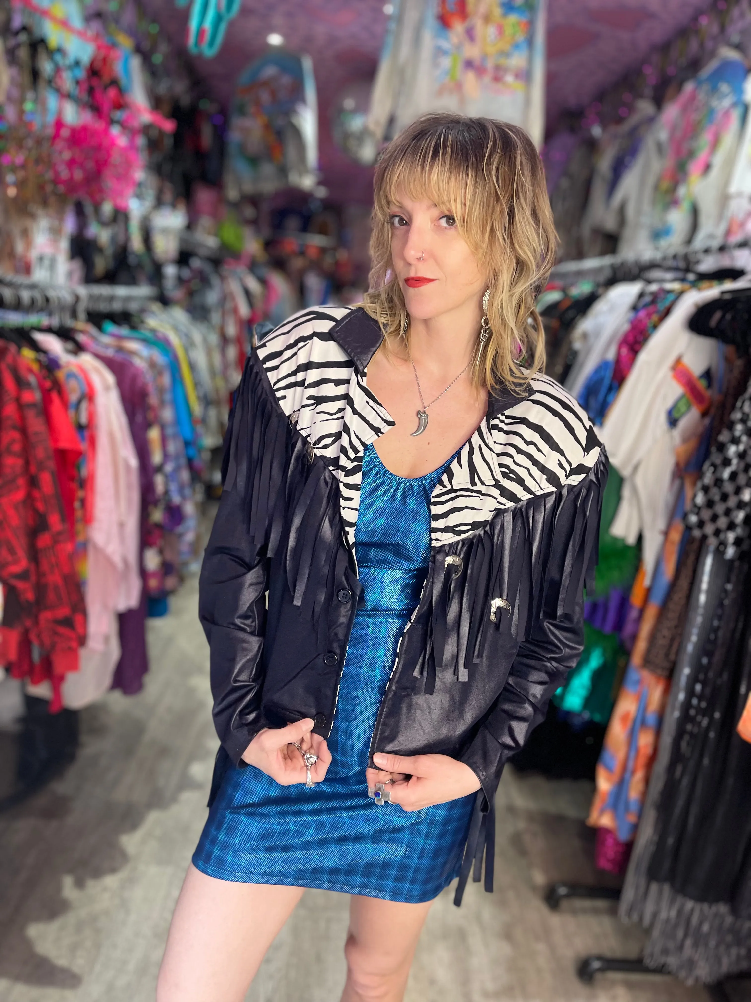 Vintage 80s Zebra Fringe Shiny Jacket