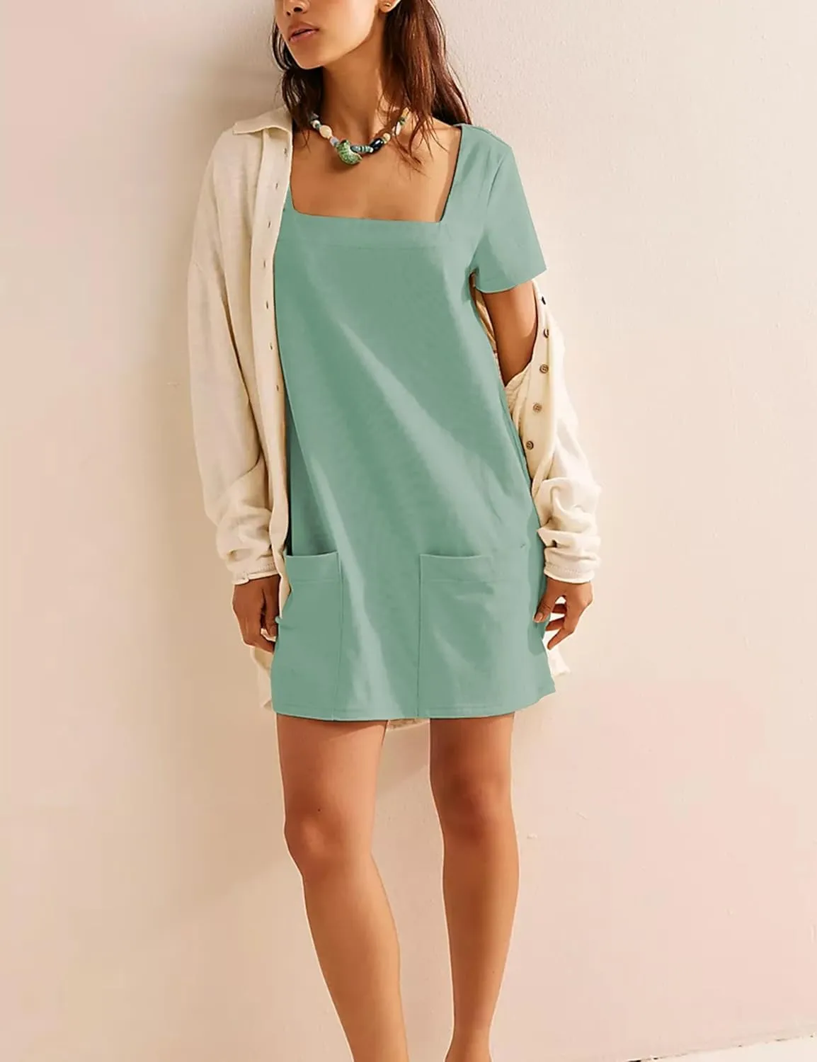Wanzetaly Women's Green Casual Mini Dress with Square Neck, Short Sleeves, Pockets, Above Knee Length