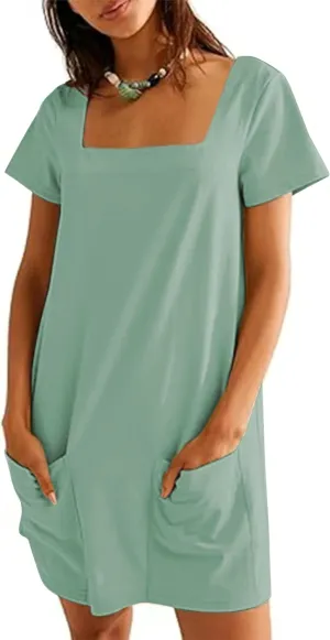 Wanzetaly Women's Green Casual Mini Dress with Square Neck, Short Sleeves, Pockets, Above Knee Length