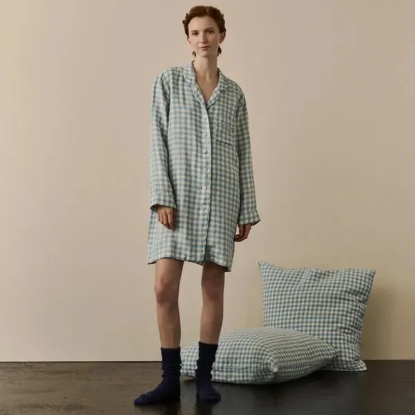 Warm Blue Gingham Linen Nightshirt