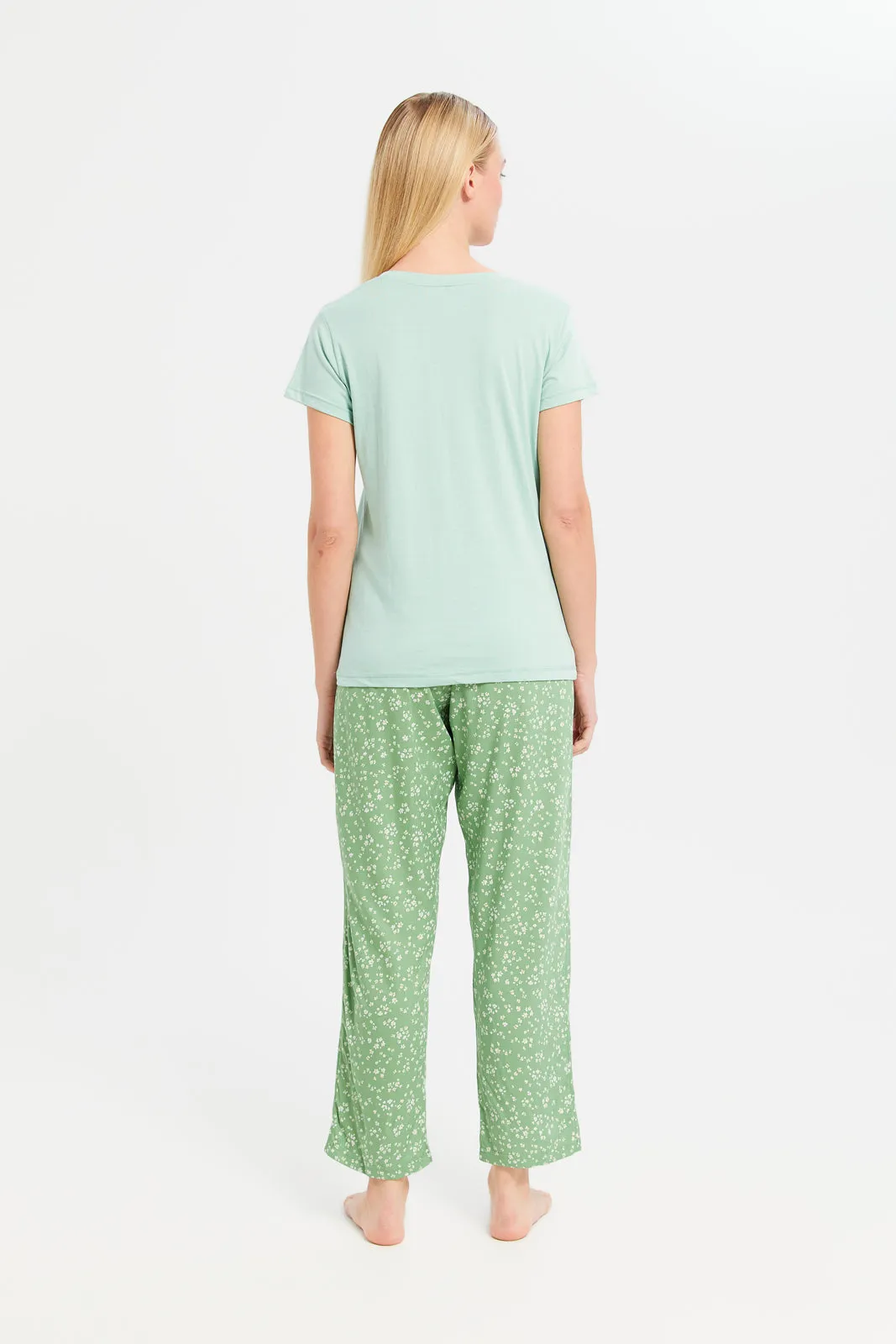 Women Mint And Green Printed Pajama Set (2 Piece)