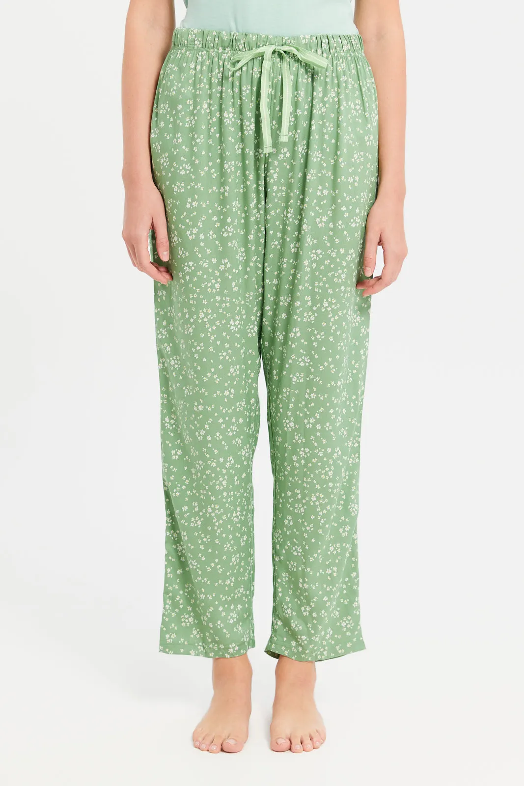 Women Mint And Green Printed Pajama Set (2 Piece)
