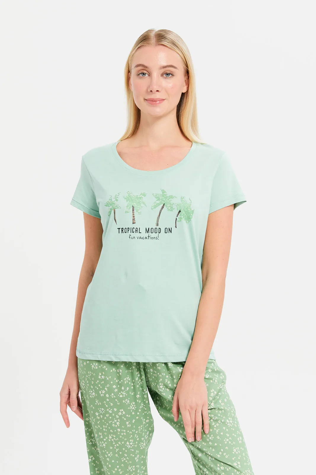 Women Mint And Green Printed Pajama Set (2 Piece)
