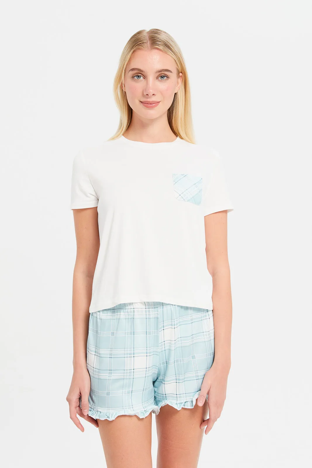 Women White And Blue Checkered Cami Set (2 Piece)