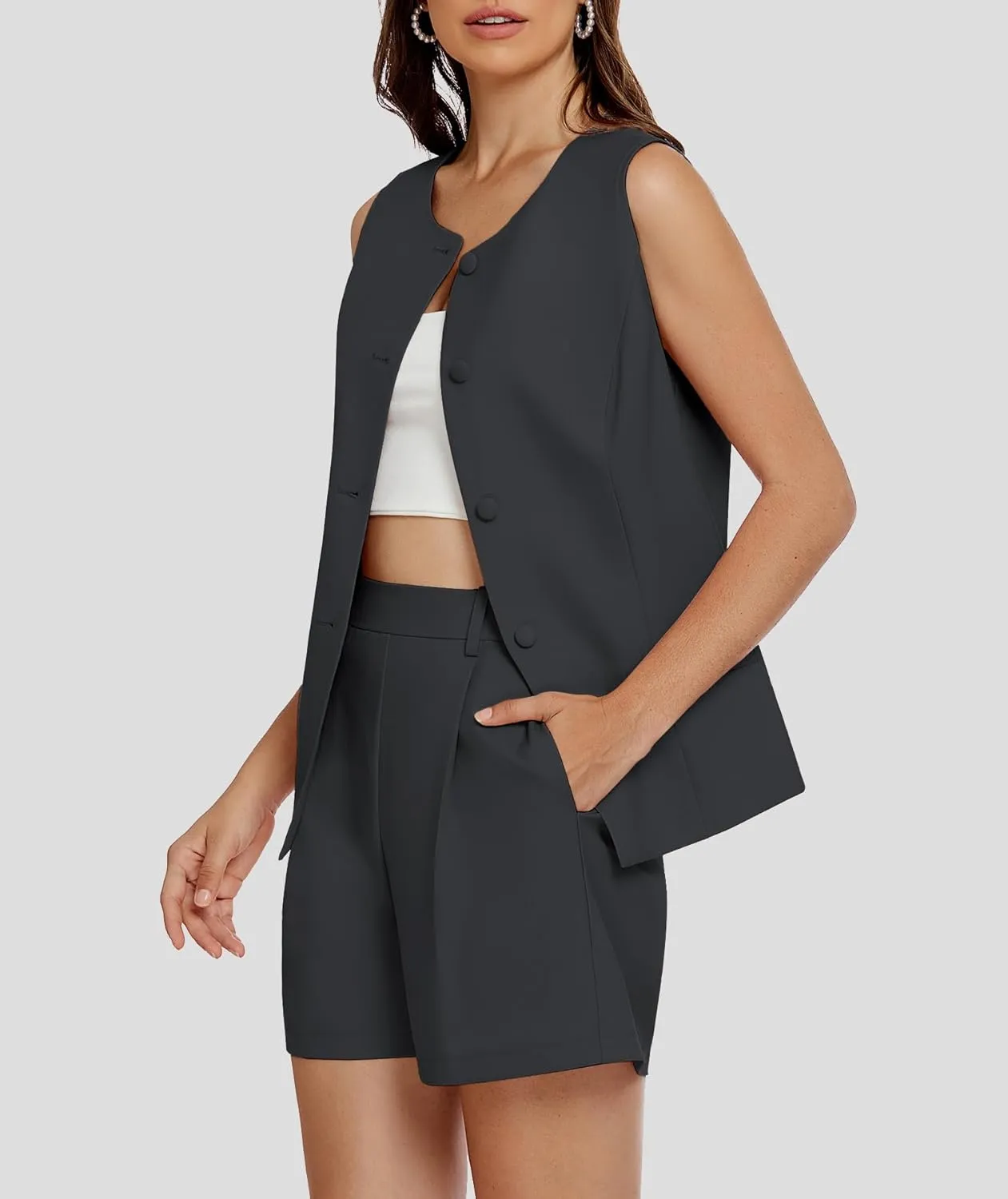 Women's 2 Piece Blazer Suit Set Summer Business Matching Sets Crew Neck Button Vest Shorts Dressy Work Outfits