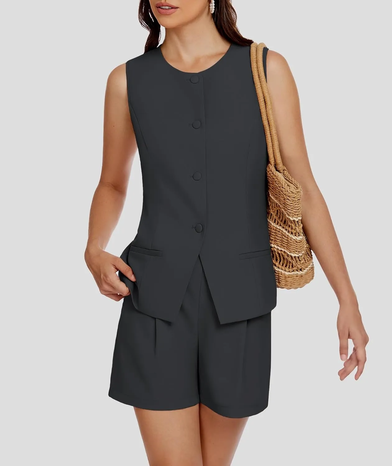 Women's 2 Piece Blazer Suit Set Summer Business Matching Sets Crew Neck Button Vest Shorts Dressy Work Outfits