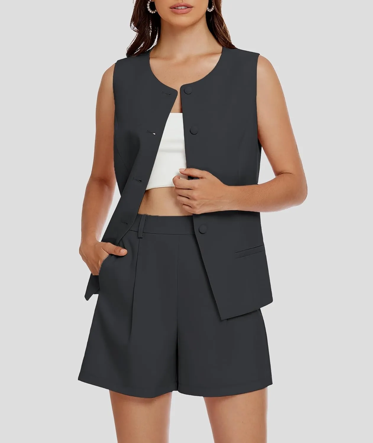 Women's 2 Piece Blazer Suit Set Summer Business Matching Sets Crew Neck Button Vest Shorts Dressy Work Outfits