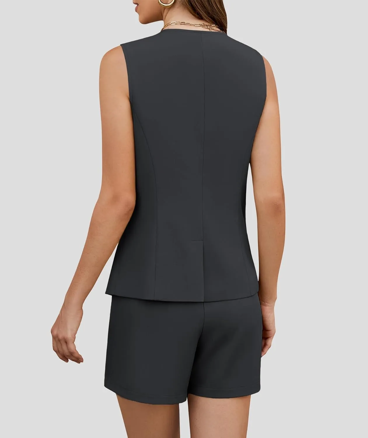 Women's 2 Piece Blazer Suit Set Summer Business Matching Sets Crew Neck Button Vest Shorts Dressy Work Outfits