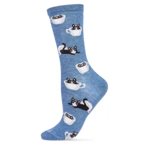 Women's Bamboo Crew Socks - Cup O' Cats Denim