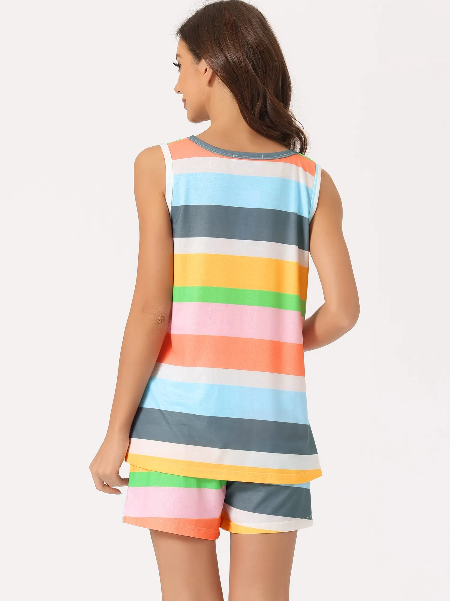Womens Lounge Outfits Pockets Rainbow Tank Tops with Shorts Stripe Pajama Sets