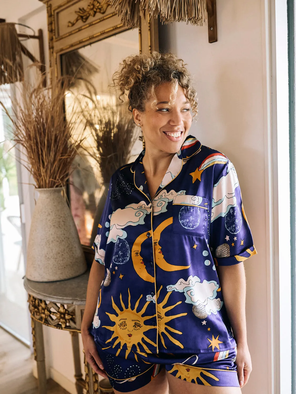 Womens Satin Shortie Pyjamas Disco Space