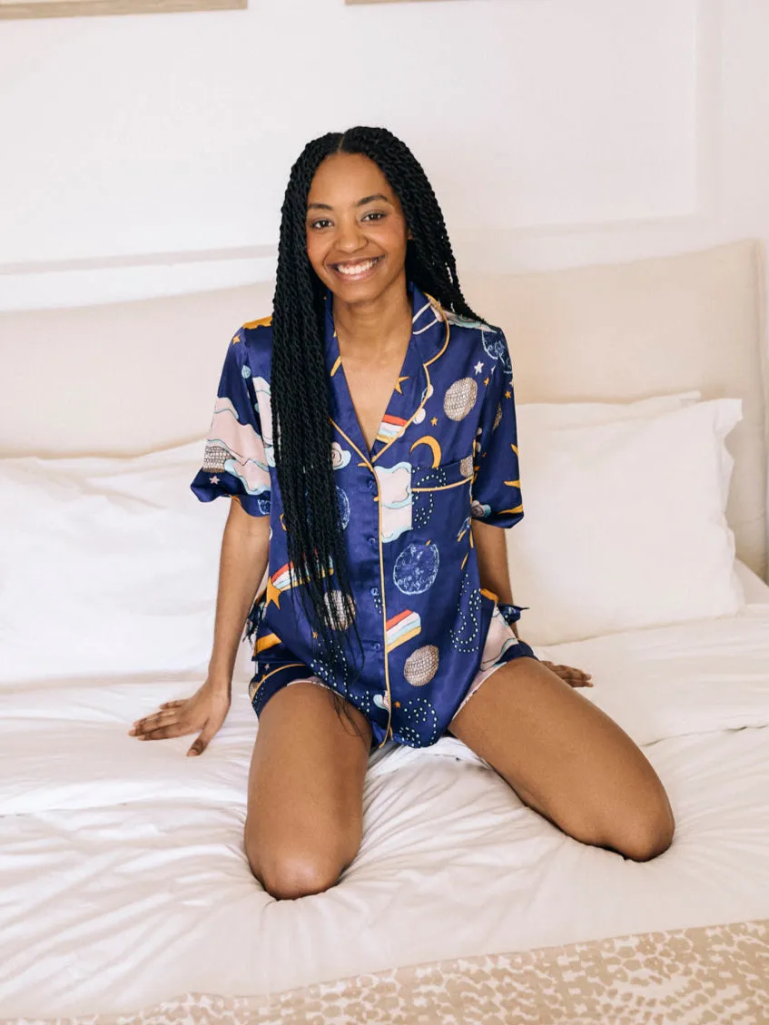 Womens Satin Shortie Pyjamas Disco Space