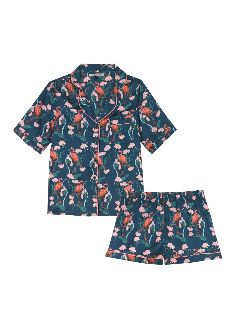 Womens Satin Shortie Pyjamas Flamingo