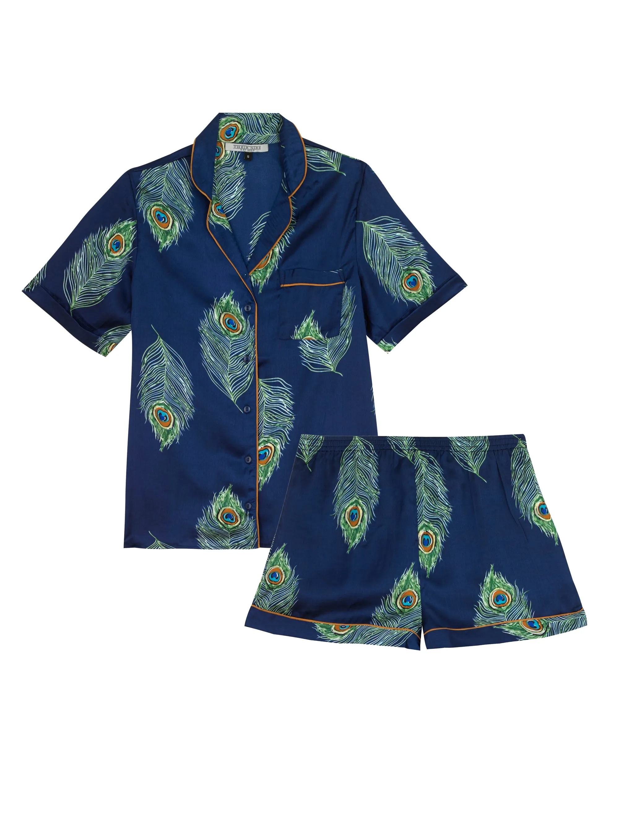 Womens Satin Shortie Pyjamas Navy Peacock Feather