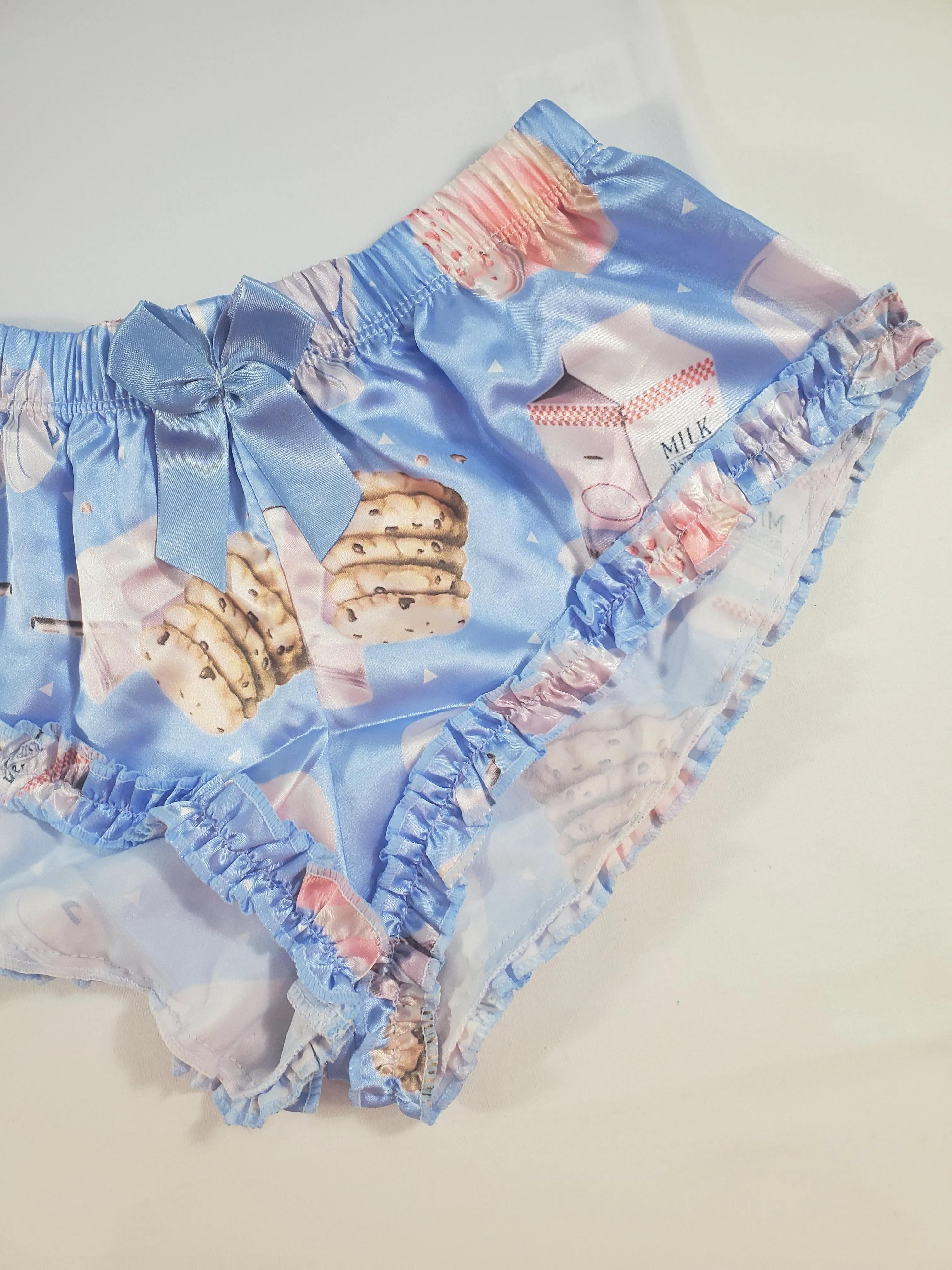 Women's Sexy pajama blue satin shorts cookies and milk theme white blouse