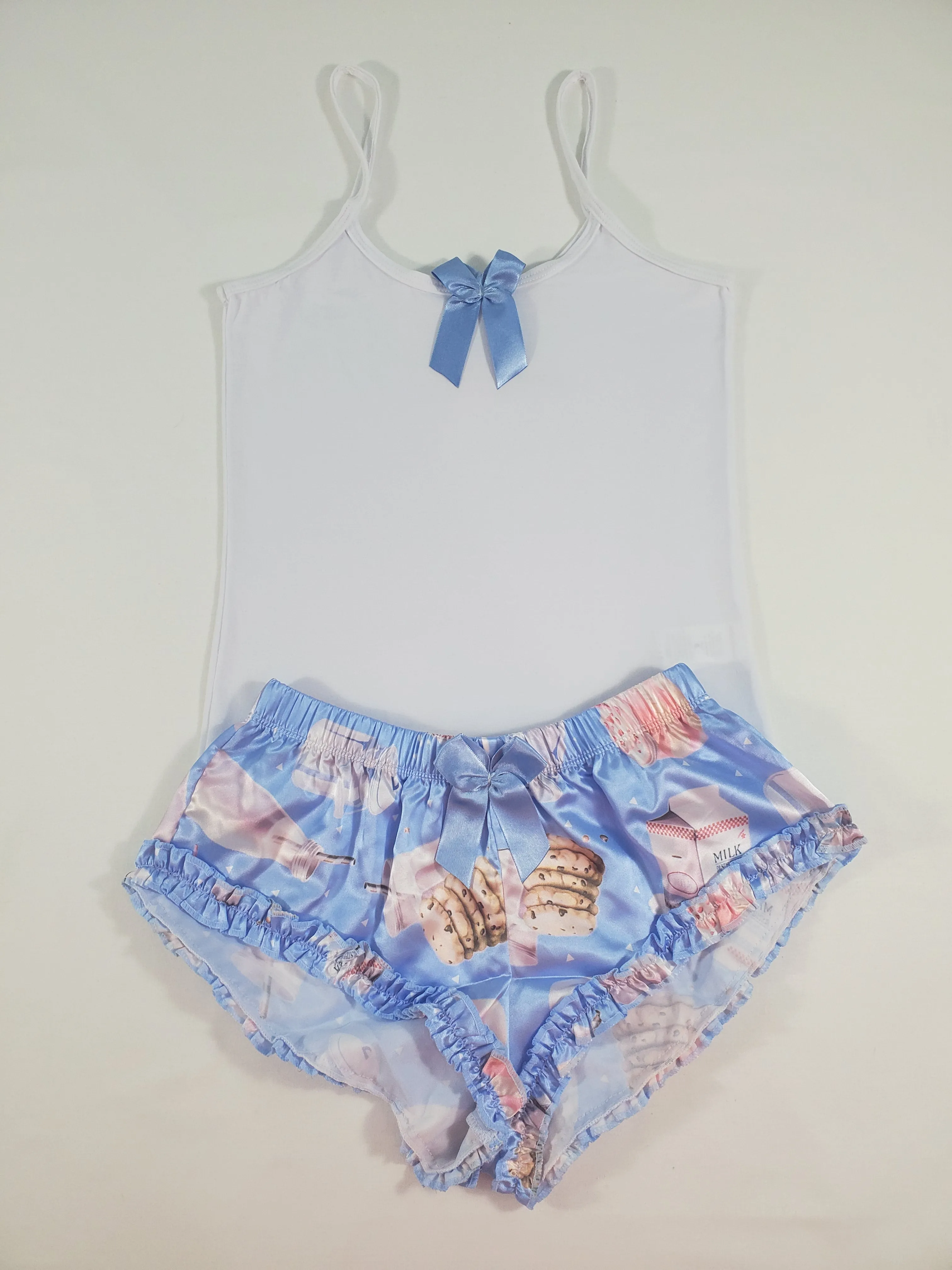 Women's Sexy pajama blue satin shorts cookies and milk theme white blouse