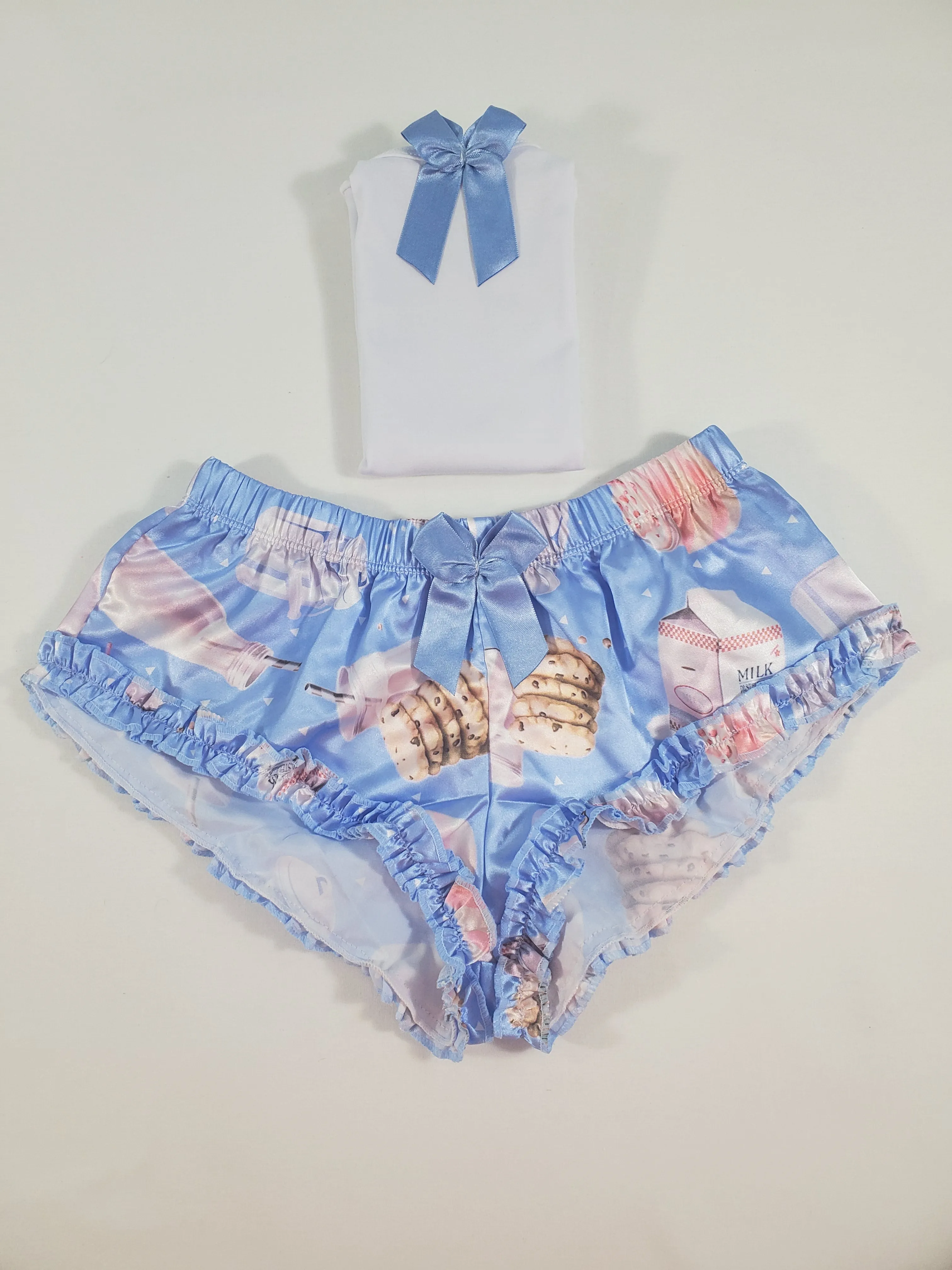 Women's Sexy pajama blue satin shorts cookies and milk theme white blouse