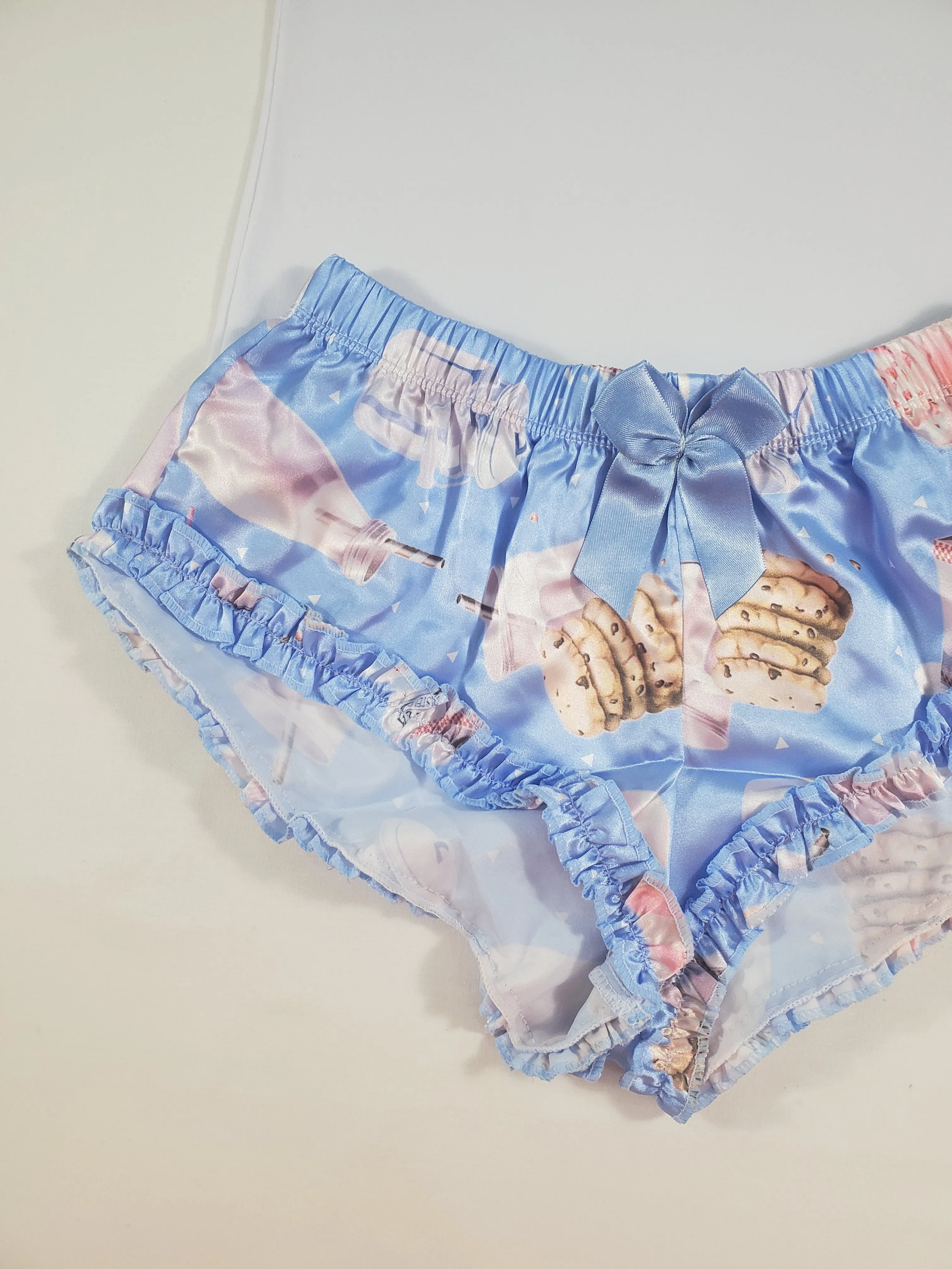 Women's Sexy pajama blue satin shorts cookies and milk theme white blouse